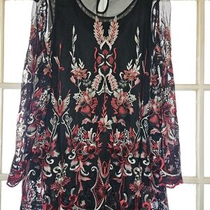 Reba Black Sheer Mesh Top with Red Logo Tag